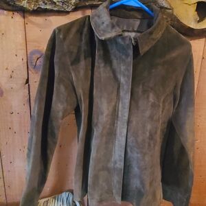 Women's Suede Leather Zip Up Jacket - Brown